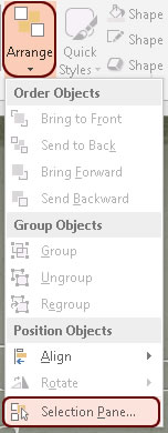 Selection Pane button under the Arrange drop-down menu