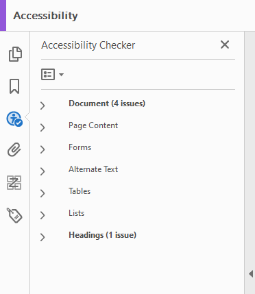 Summary stating Document has 4 issues, at least 1 issue with Headings
