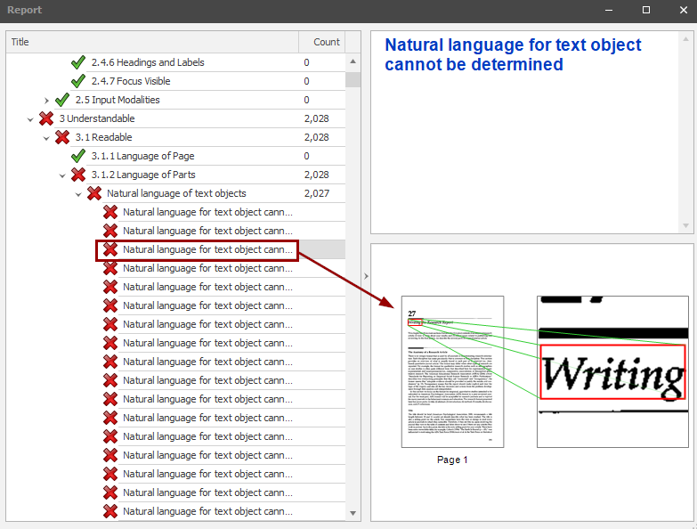 PAC menu shows a list of errors, highlighting where errors are in the PDF