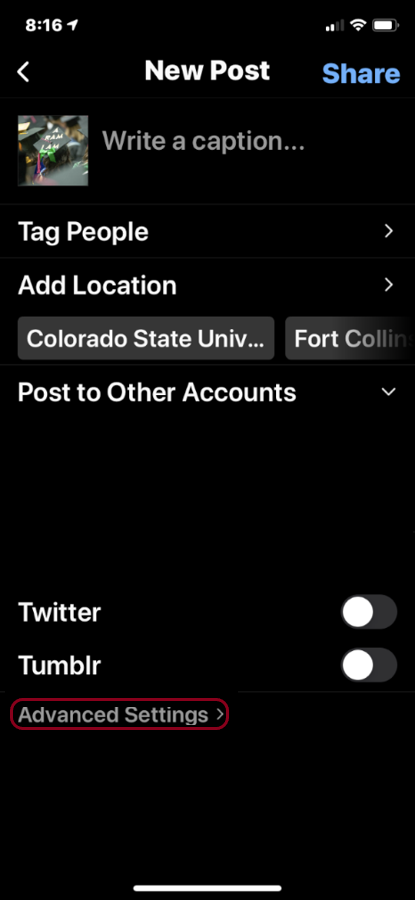 Advanced Settings is circled under Instagram post page before posting