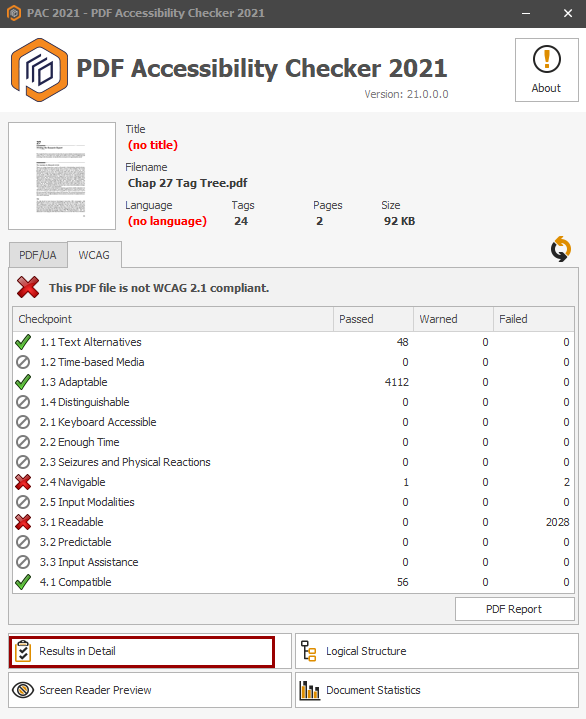 Results in Detail at bottom of WCAG tab
