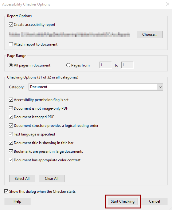 Start Checking button at bottom of Accessibility Check menu